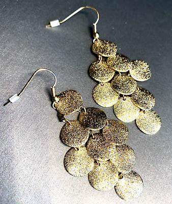#ad Vintage Earrings Fringe Goldtone Textured Disks Chandelier Estate Jewelry $30.00