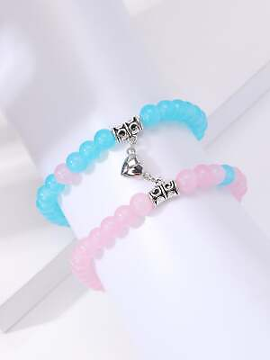 #ad 2pcs Blue and Pink Natural Stone Heart shaped Set For Couples Beaded Bracelet $6.32