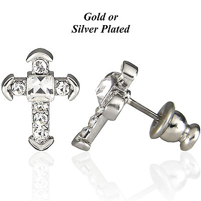 #ad Forever Silver or Gold Plated Sm quot;Vquot; Cross Earrings Austrian Crystal Surgical St $12.99