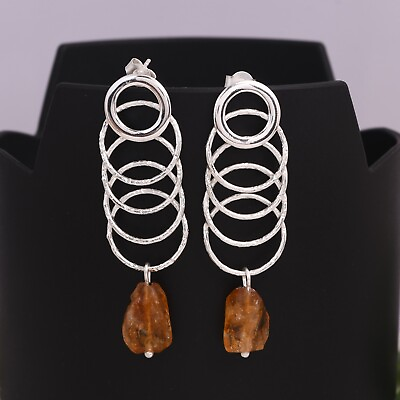 #ad Sterling Silver 925 Multi Circle Raw Citrine Open Circle Layer Dangle Earrings $34.99
