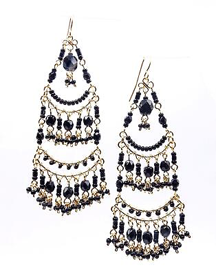 #ad #ad GORGEOUS Lightweight Black Onyx Crystals Gold Filled 3 Tier Chandelier Earrings $29.59