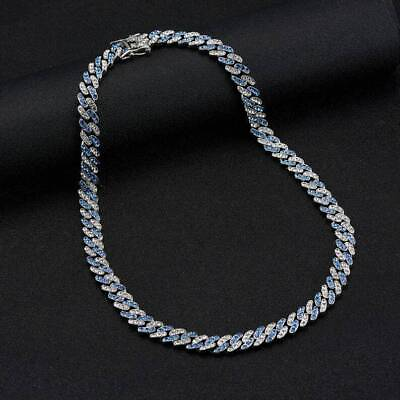 #ad Men 12mm Round Cut Simulated Sapphire Cuban Link Necklace Gold Plated 925 Silver $279.99