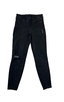 #ad Spanx Distressed Skinny Pull On Jeans Women#x27;s M Stretch Black Denim Raw Hem $29.99