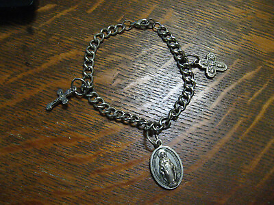 #ad Catholic Medal Vintage Silver Charm Bracelet Immaculate Mary Four Way Crucifix $59.99