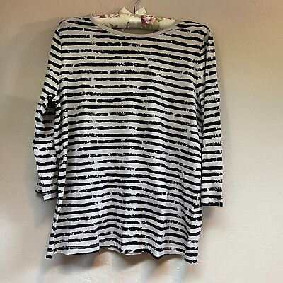 #ad Norm Thompson Prima Women Painted Striped Tee Shirt Size L Black 3 4 Sleeve NWOT $28.93