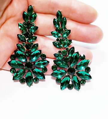 #ad Rhinestone Chandelier Earrings Crystal 2.9 inch Green $37.39