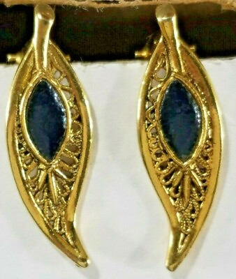 #ad Vintage Black Enamel and Gold Tone Leaf Shaped Clip On Earrings $11.98