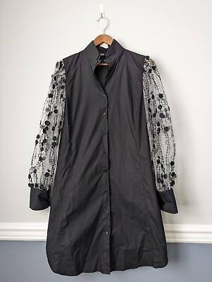 #ad TOV Los Angeles Shirt Dress Black Sheer Gauze Puff Applique 40 Medium Goth $37.95