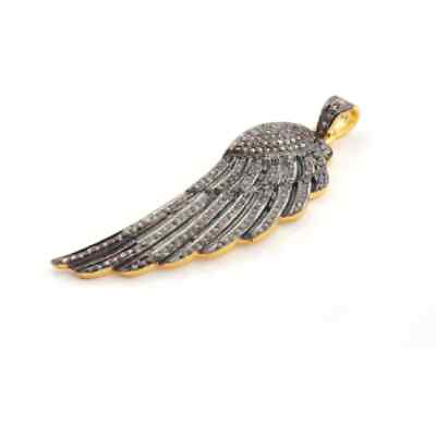 32ct Pave Diamond Feather Pendant Over 925 Sterling Vermeil Wing Pendant 58mm $59.99