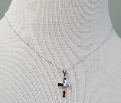 #ad 925 Sterling Silver Necklace and Cross Pendant Colorful Prong Set Crystal and CZ $20.00