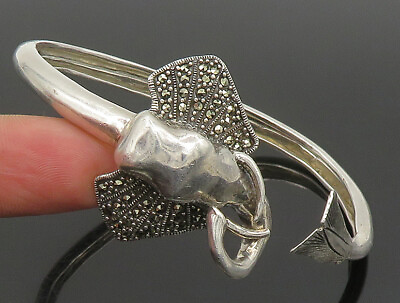 #ad 925 Sterling Silver Vintage Marcasite Elephant Head Cuff Bracelet BT9434 $144.34