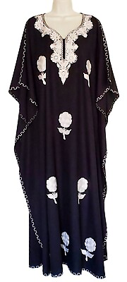 #ad Kaftan Dress Black with White Hand Embroidered Flowers $129.00