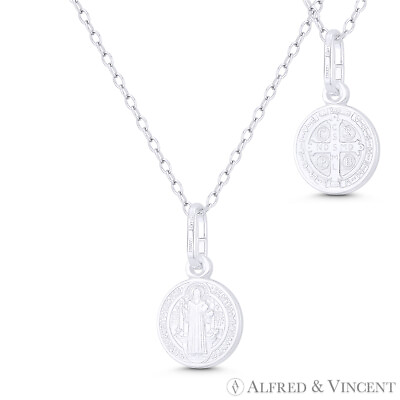 #ad St. Benedict of Nursia amp; Cross 925 Sterling Silver Reversible 10mm Medal Pendant $13.19