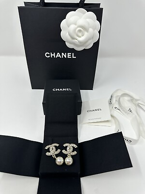 #ad NWT 2023 A23 Chanel Strass CC Logo Gold Crystal Stud Pearl Drop Earrings Large $1104.15