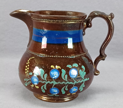 #ad 19th Century British Blue amp; Yellow Enamel Floral Copper Luster 5 1 2 Inch Jug $65.00