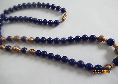 #ad Vintage Cobalt Blue Venetian glass Bronze Gold beaded knotted Necklace 28#x27; $22.49