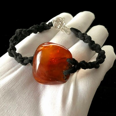 #ad Vintage Natural Cognac Baltic Amber Bead Bracelet Leather Rope Silver plated $22.28