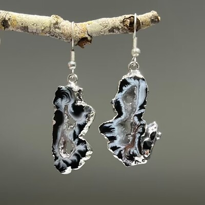 #ad Black Druzy Agate Geode Crystal Slice Slab Dangle Healing Protection Earrings $13.50