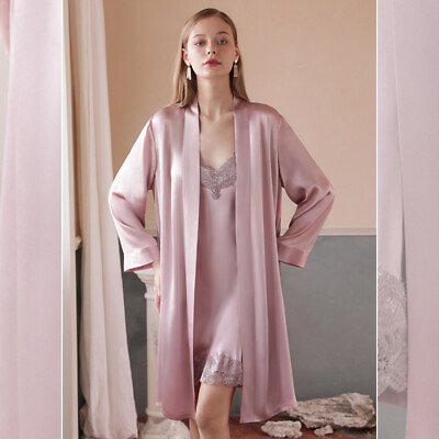 #ad Summer Women Pink Pure Silk Robe Slip Dress Sexy Wedding Gown Comfy Nightgown $110.86