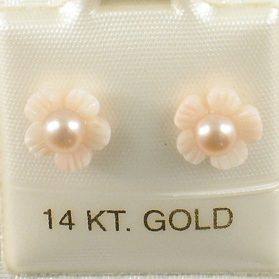 #ad 14K Solid Yellow Gold Natural Angel Skin Coral Carved Flower amp; Pearl Earring TPJ $63.45