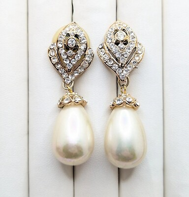 #ad Vintage Faux Pearl Dangle Rhinestone Drop Earrings Teardrop Chandelier Gift For $28.50
