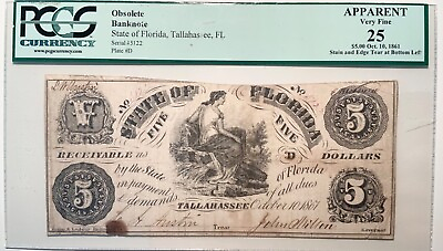 #ad $5 1861 State of Florida Tallahassee Obsolete Note PCGS Currency 25 Apparent $270.00