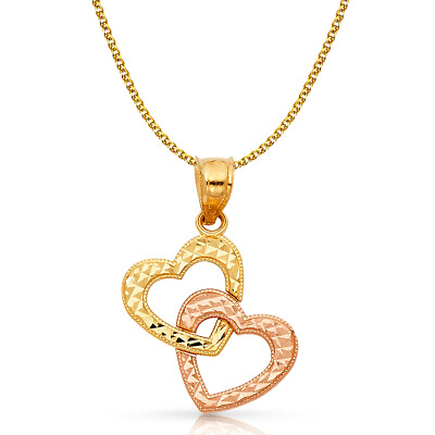 #ad 14K Gold Double Hearts Charm Pendant amp; 1.5mm Flat Open Wheat Chain Necklace $318.00