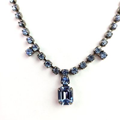 #ad Vintage Silver Tone Blue Rhinestone Necklace Prong Faceted Unsigned 15 in Dangle $16.00