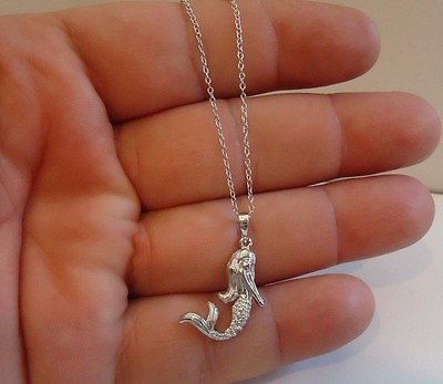#ad 925 STERLING SILVER MERMAID PENDANT NECKLACE W .75 CT ACCENTS NEW DESIGN $29.51