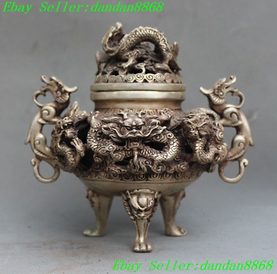 #ad Old chinese palace silver nine dragon 9 pixiu beast statue Incense Burner Censer $102.00