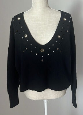 #ad Wildfox Womens Sweater Cline Black Embellished V Neck Grommet Medium $20.00