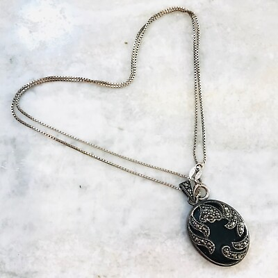 #ad Sterling Silver 925 Black Onyx Marcasite Art Deco 1”Necklace Waves Swirl VTG 18” $35.00