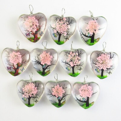 #ad 10Pcs 24x12mm Pink Delicate Crystal Glass Dried Flower Heart Pendant T02025 $19.08