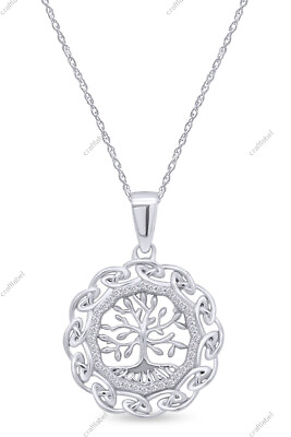 #ad Celtic Knot Tree Life Pendant Necklace Round Cubic Zirconia in Sterling Silver $55.19