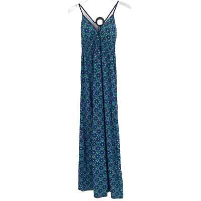 #ad Blue patterned spaghetti strap maxi dress size large with wood circle accent $18.00