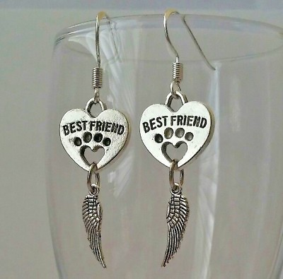 #ad Pet Dog Cat Paw Print Love Heart 925 Sterling Silver Earrings Hook Dangle Drop $14.98