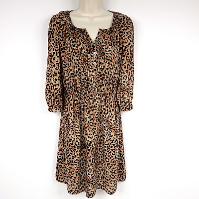 #ad Charming Charlie Womens Dress S Brown Multicolor Animal Dress 3 4 Sleeve Pocket $6.49