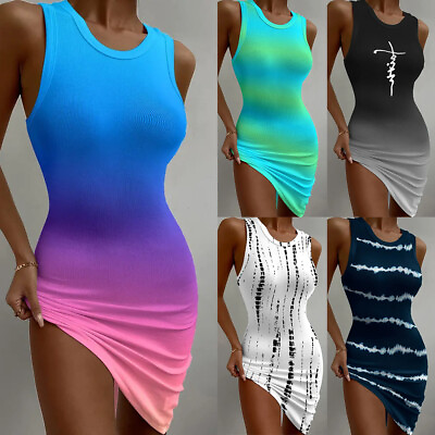 #ad Women Tie Dye Sleeveless Skinny Mini Dress Ladies Bodycon Party Cocktai Gown US $18.09