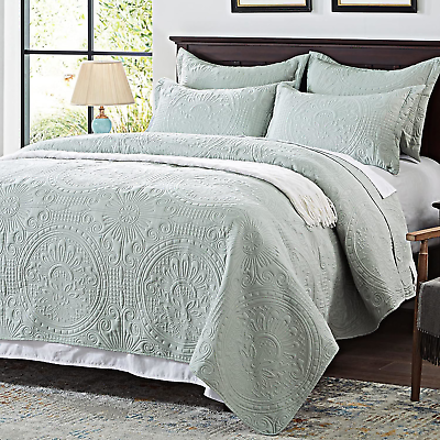 #ad Anluoer Quilt Queen Size Bedding Set Sage Green Embossed Bedspreads Lightweight $44.69
