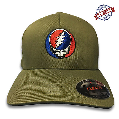 #ad Grateful Dead Steal Your Face Embroidered Flexfit Ball Cap Olive Royal Black $24.99