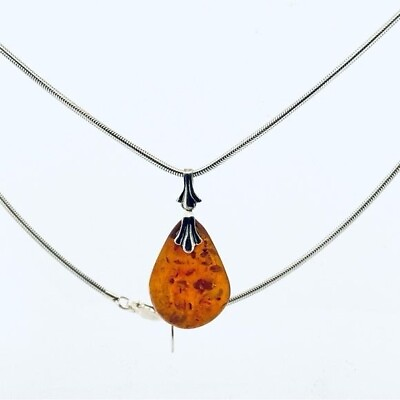 #ad Silver 925 Natural Amber Pendant in Dark Honey Cognac Baltic Pendant amp; Necklace $35.00