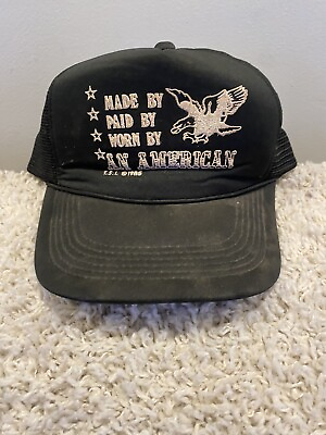 #ad Vintage american trucker hat cap adult one size black adjustable usa Mens a23*** $18.85