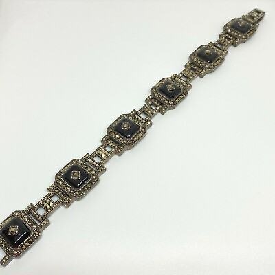 #ad Vintage 925 Sterling Silver Marcasite Black Onyx Panel Deco Bracelet 8 3 8quot; $225.00