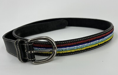 #ad Seed Bead Belt Multicolor Black Leather Native Design Southwestern 42” Long $17.00