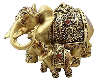 #ad Mother Elephant With Calf Figurine Faux Gold Finished Poly Resin Feng Shui $10.95