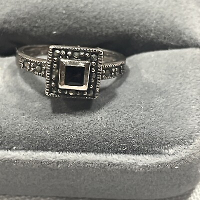 #ad Vintage 925 Sterling Silver Marcasite Black Onyx Ring size 5 1 2” $17.95