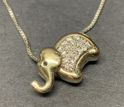 #ad 14k Yellow Gold 925 Sterling Diamond Elephant Pendant Necklace 18in $89.95