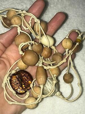 #ad Handmade Necklace Wood Glass Beads 27quot; Long Brown Tan $8.54
