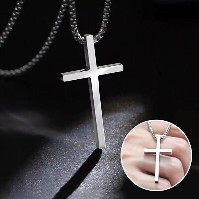 #ad Mens Stainless Steel Cross Pendant Necklace Faith Religious Baptism Jewelry Gift $6.99