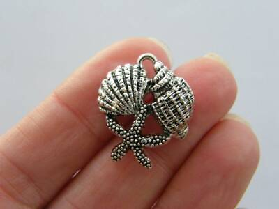 #ad 4 Shell starfish charms antique silver tone FF141 $4.70